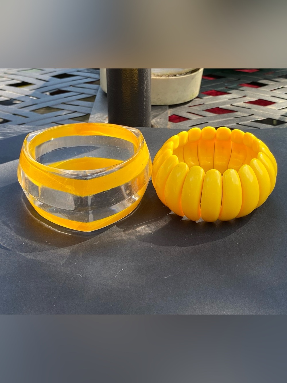 2 VTG lucite bracelets,chunky stretch yellow,chunky clear/yellow layer triangle